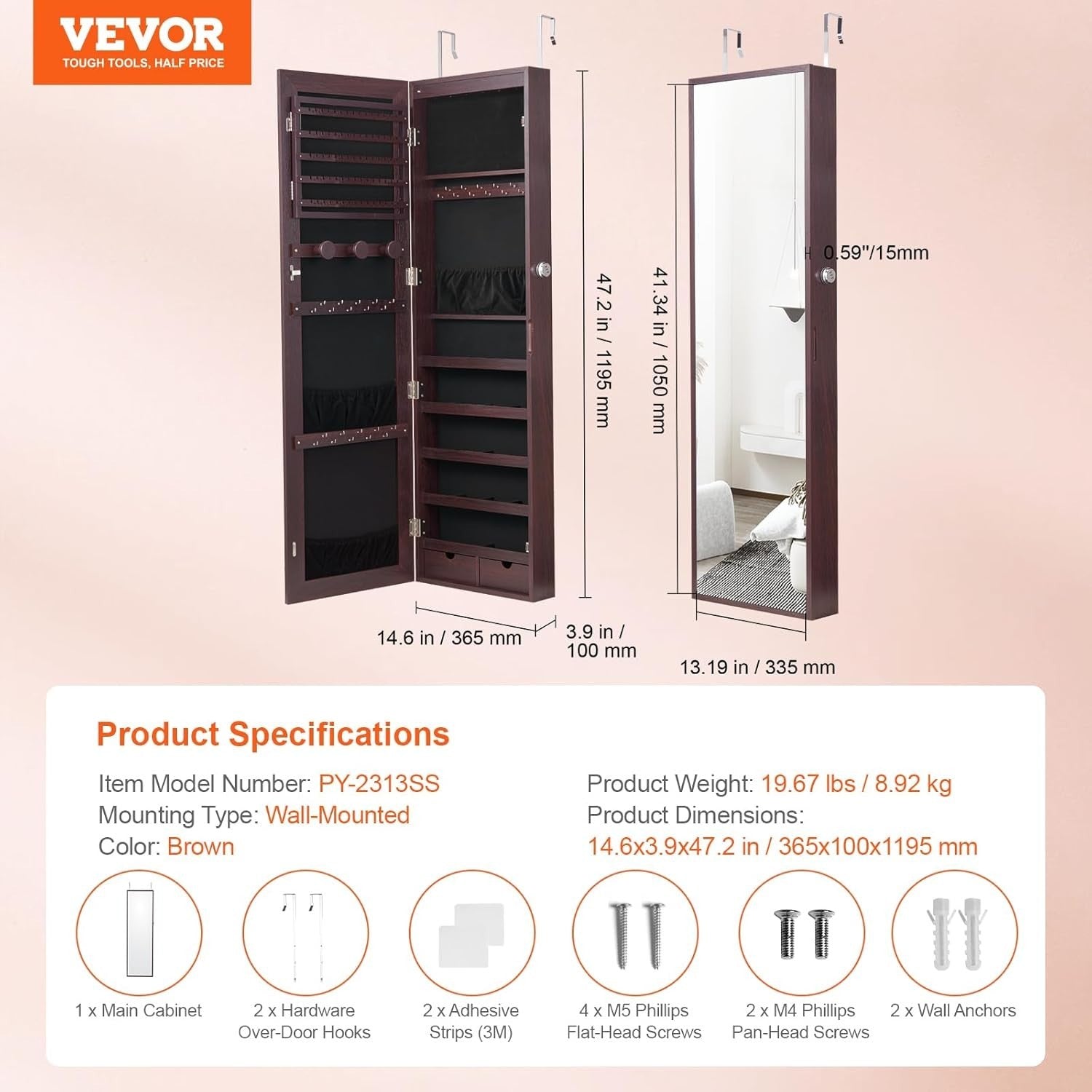 LED Jewelry Mirror Cabinet Lockable Wall Mounted Full Length Storage Brown