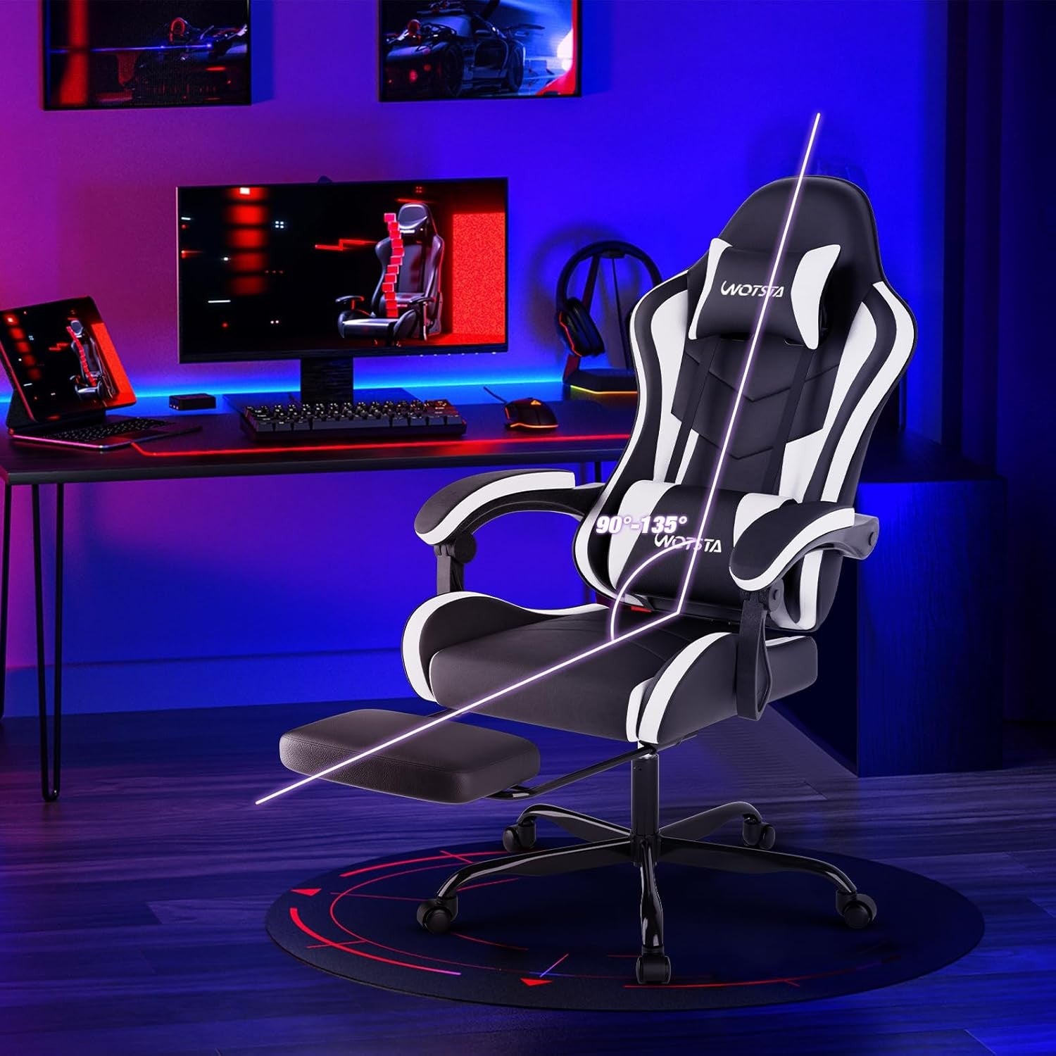 Ergonomic Gaming Chair with Footrest & Lumbar Support – Black White PC Seat