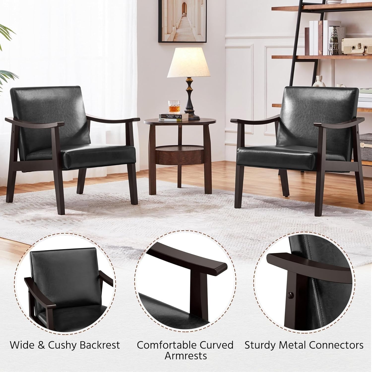 Black Faux Leather Accent Chair Lounge Seat Retro Armchair for Home