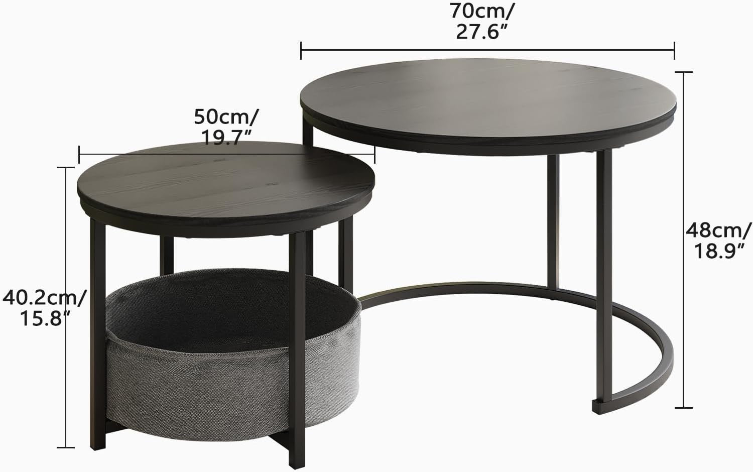 Nesting Coffee Table Set Black Round Side End Tables Modern Metal Frame (77 Char