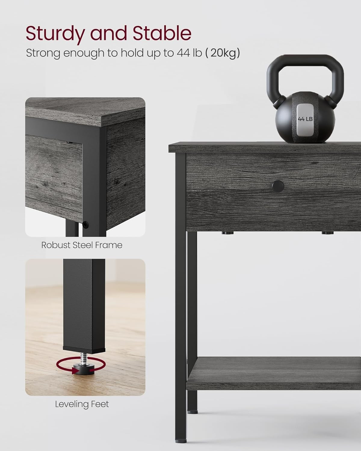 Set of 2 Grey Bedside Tables with Drawer & Shelf, Modern Storage Nightstands