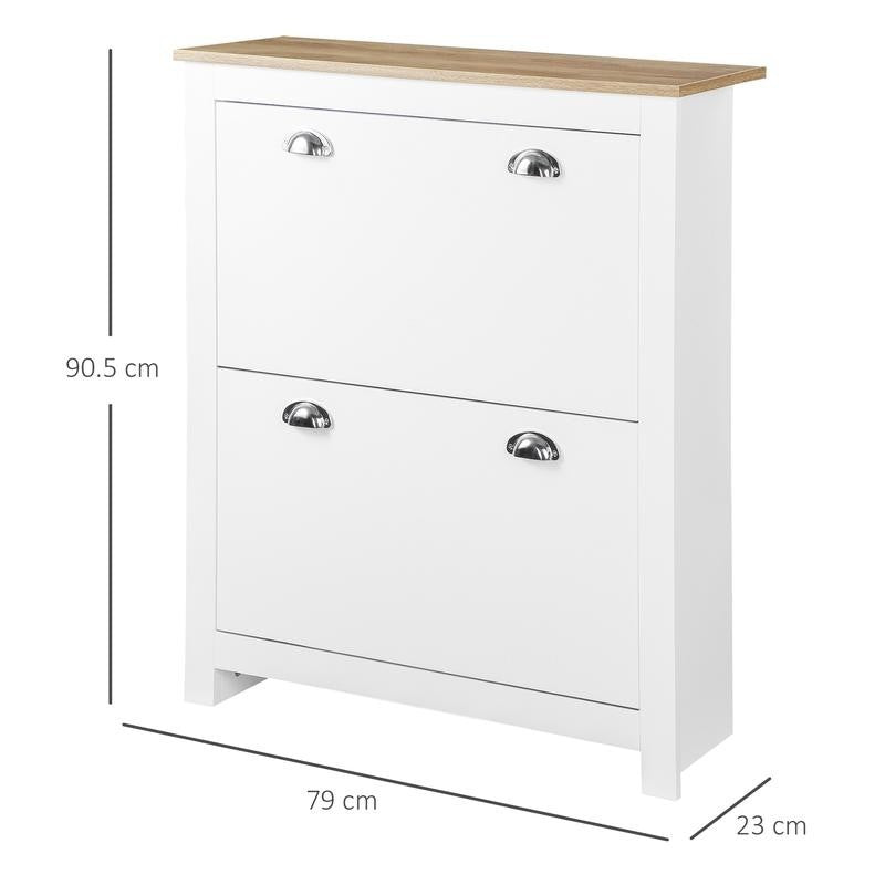Modern White 2 Drawer Slim Shoe Cabinet with Adjustable Shelves MDF Unit