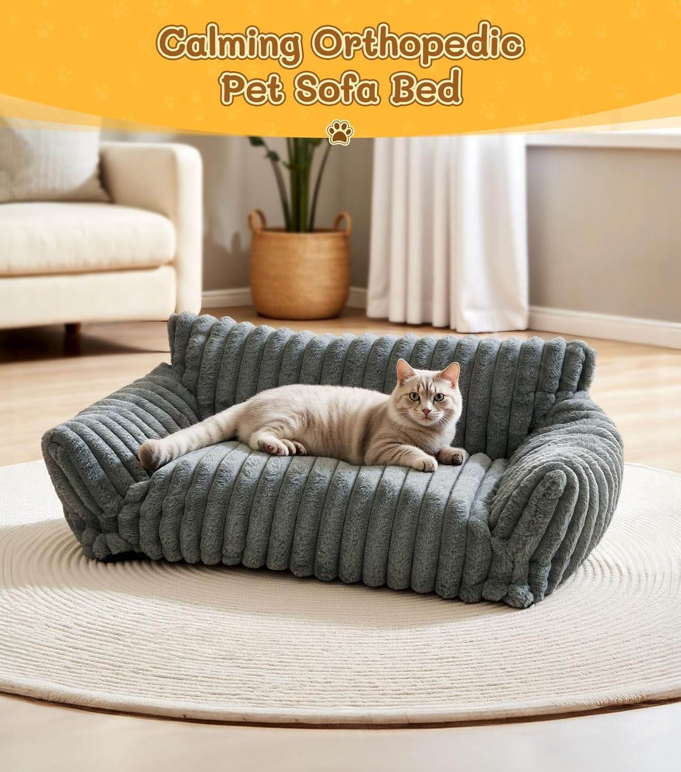 Fluffy Cat Dog Sofa Bed 91cm Calming Plush Pet Couch Washable Non Slip