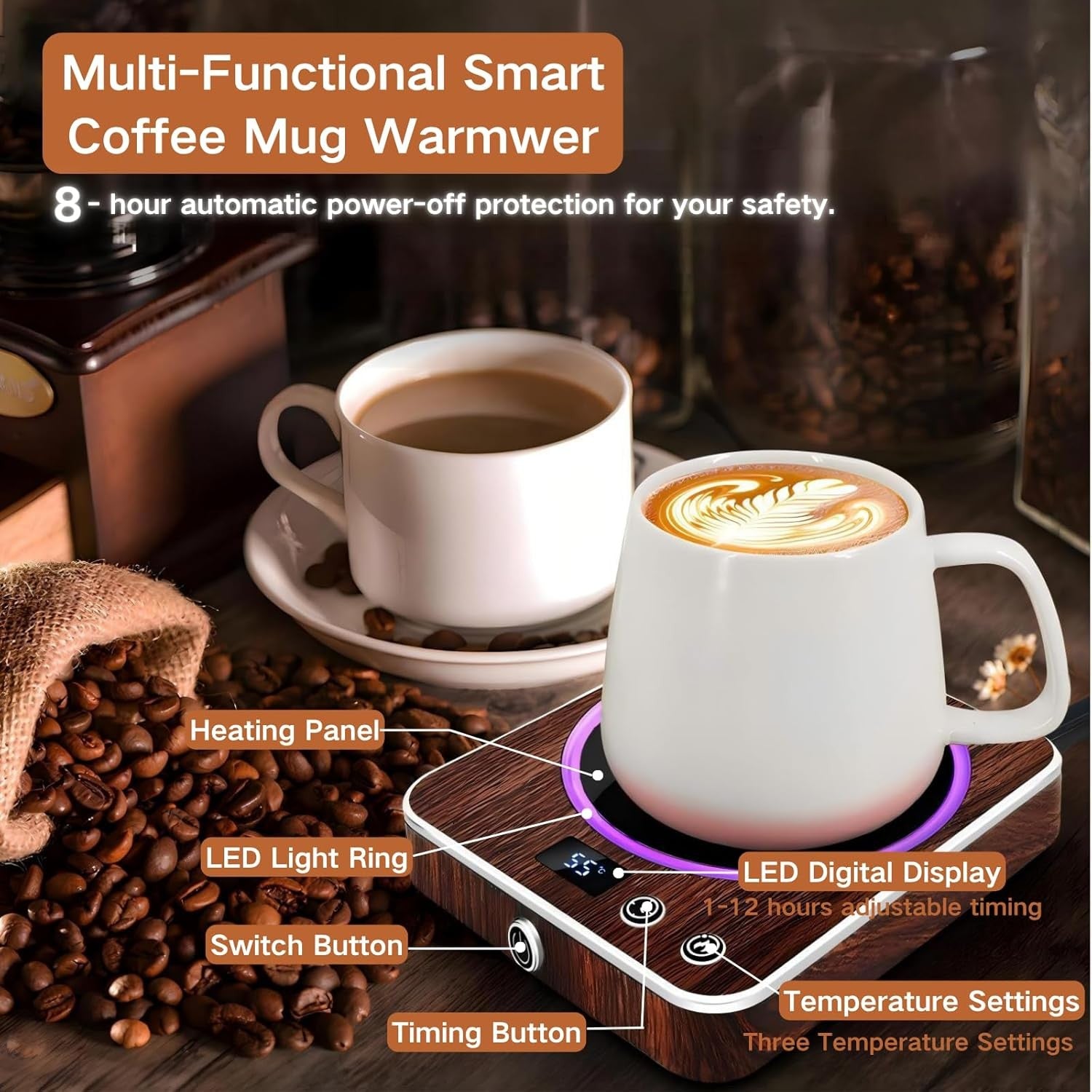 Smart Coffee Mug Warmer 3 Temp Settings LED Desk Cup Heater Pad