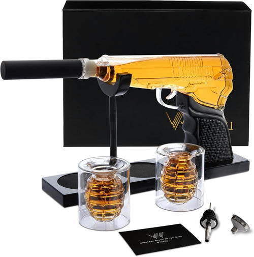 Gun Whiskey Decanter Set with 2 Grenade Glasses | 400ML Liquor Gift Set Men
