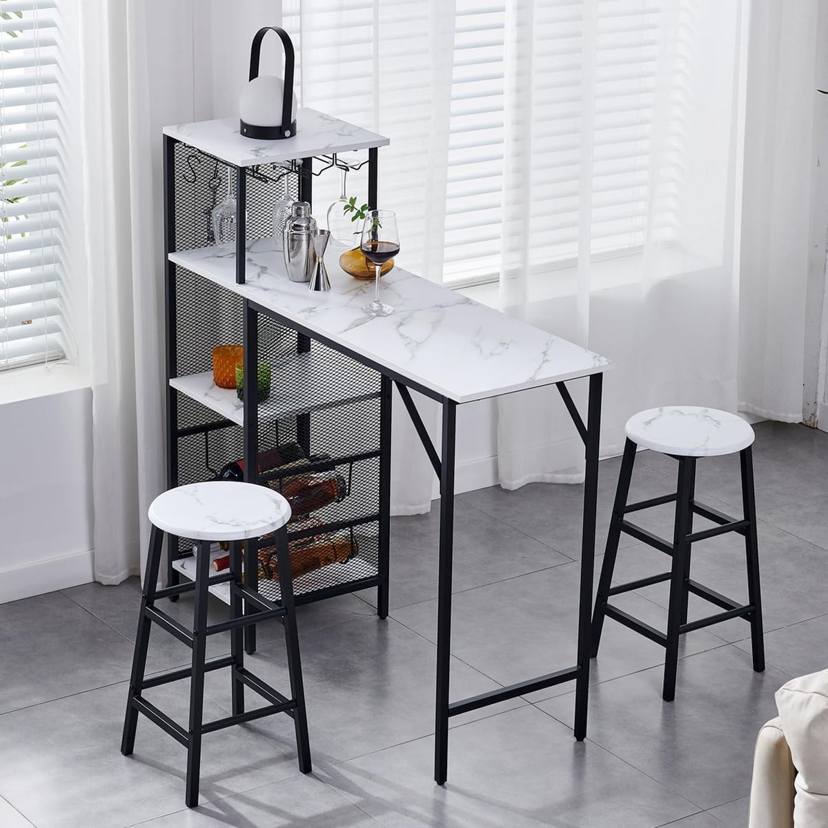 3 Piece Bar Table Set Wine Rack Shelves & 2 Stools White Marble Dining Furniture