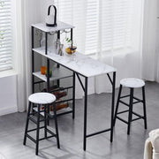 3 Piece Bar Table Set Wine Rack Shelves & 2 Stools White Marble Dining Furniture