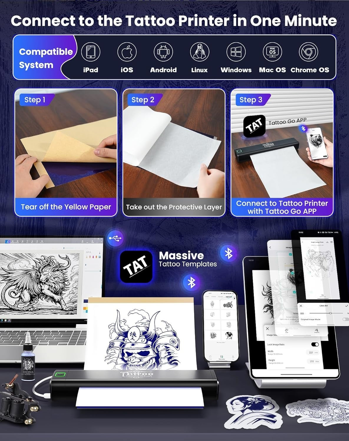 Tattoo Stencil Printer Portable Thermal Printer Black Wireless for Artists