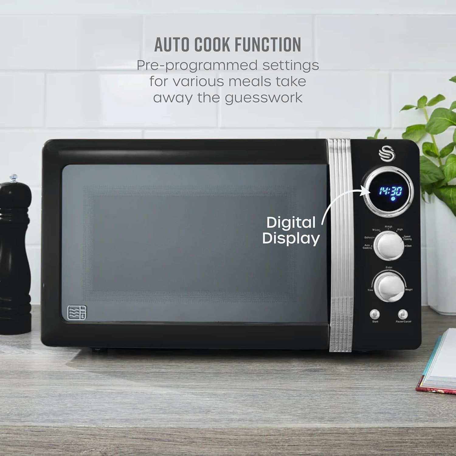 Black 20L Digital Microwave 800W 6 Power Levels LED Display