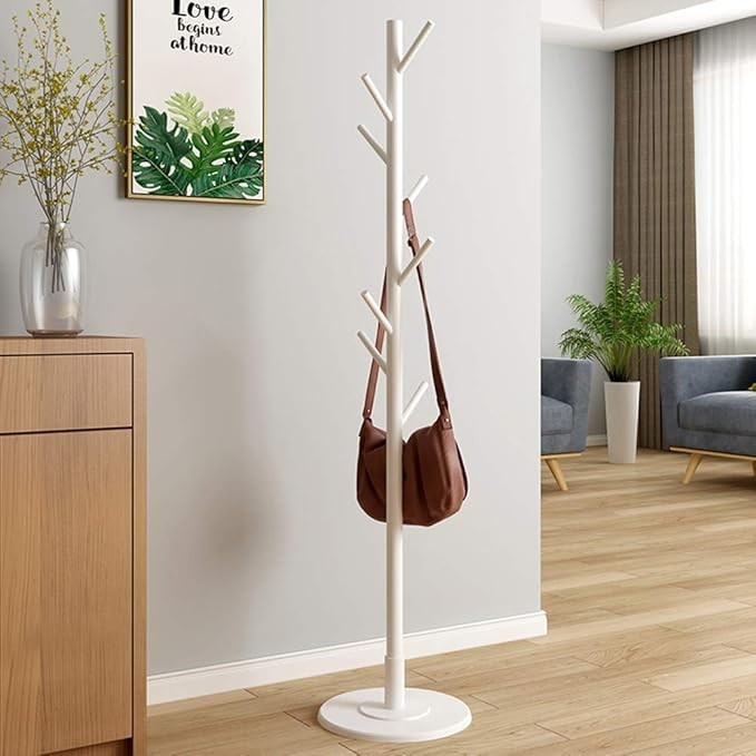Wooden Standing Coat Rack Tree White Clothes Hanger Organizer for Home Hallway
