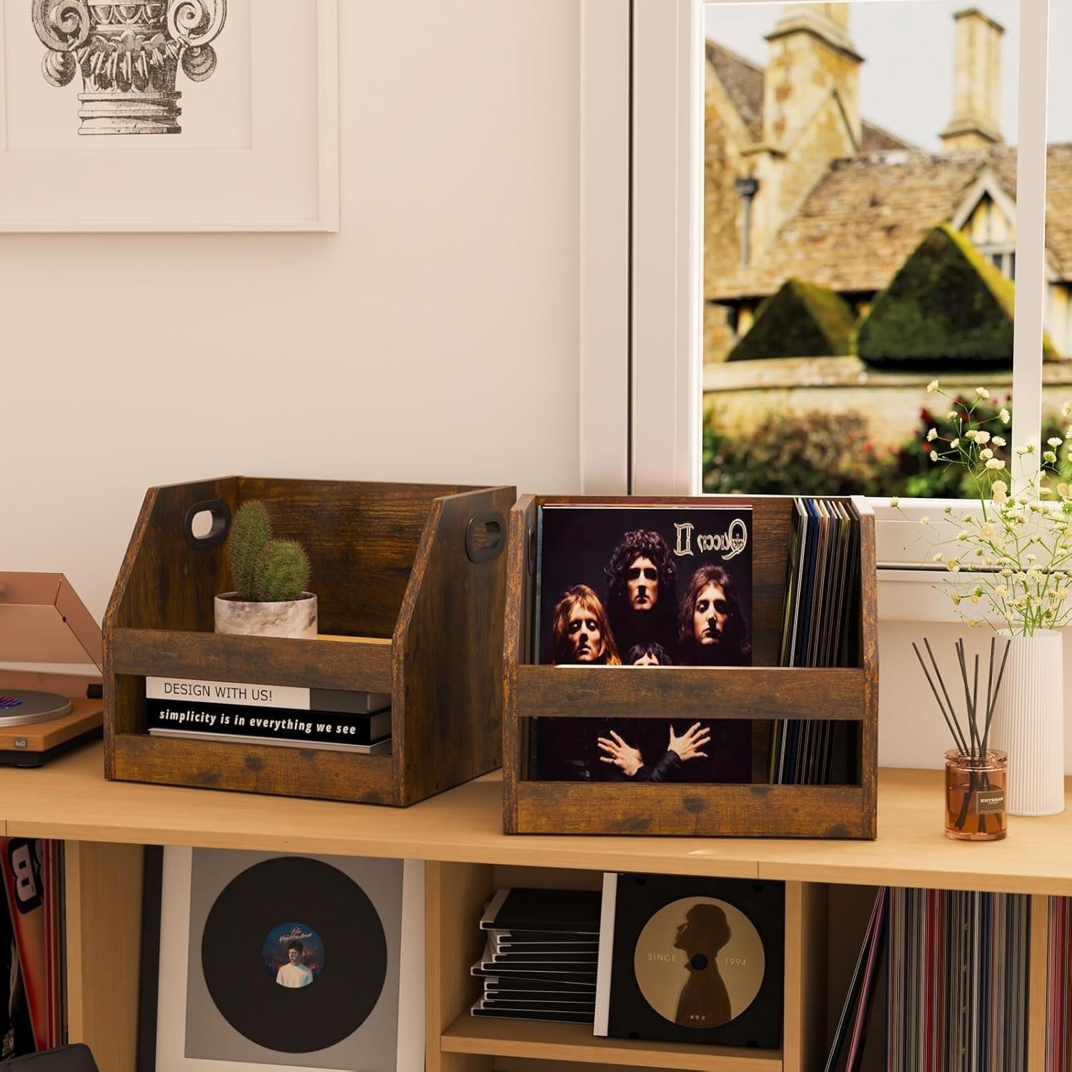Vinyl Record Storage Crate LP Album Holder Rack Desktop Organizer Brown