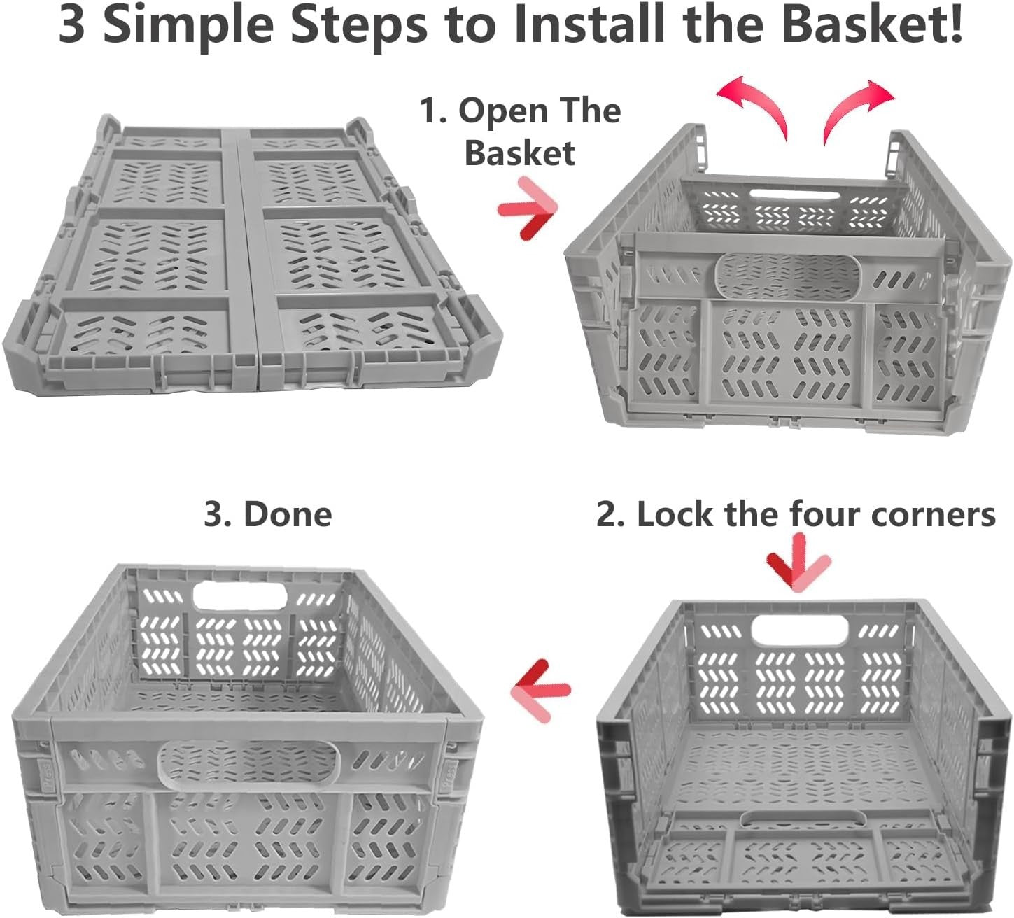 4 Pack 20L Foldable Storage Crates Stackable PP Boxes Grey