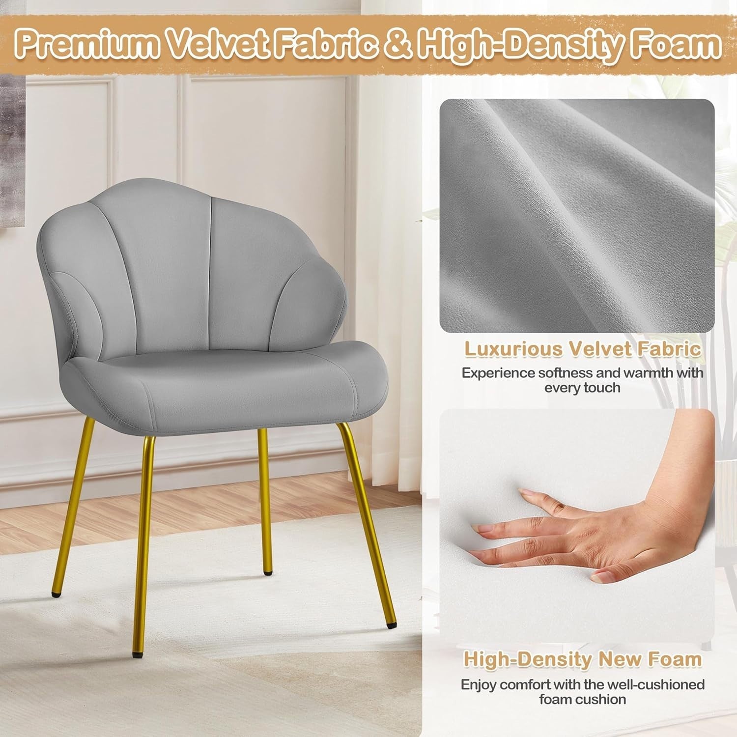 Velvet Accent Chair Shell Back Gold Legs Vanity Lounge Bedroom Grey