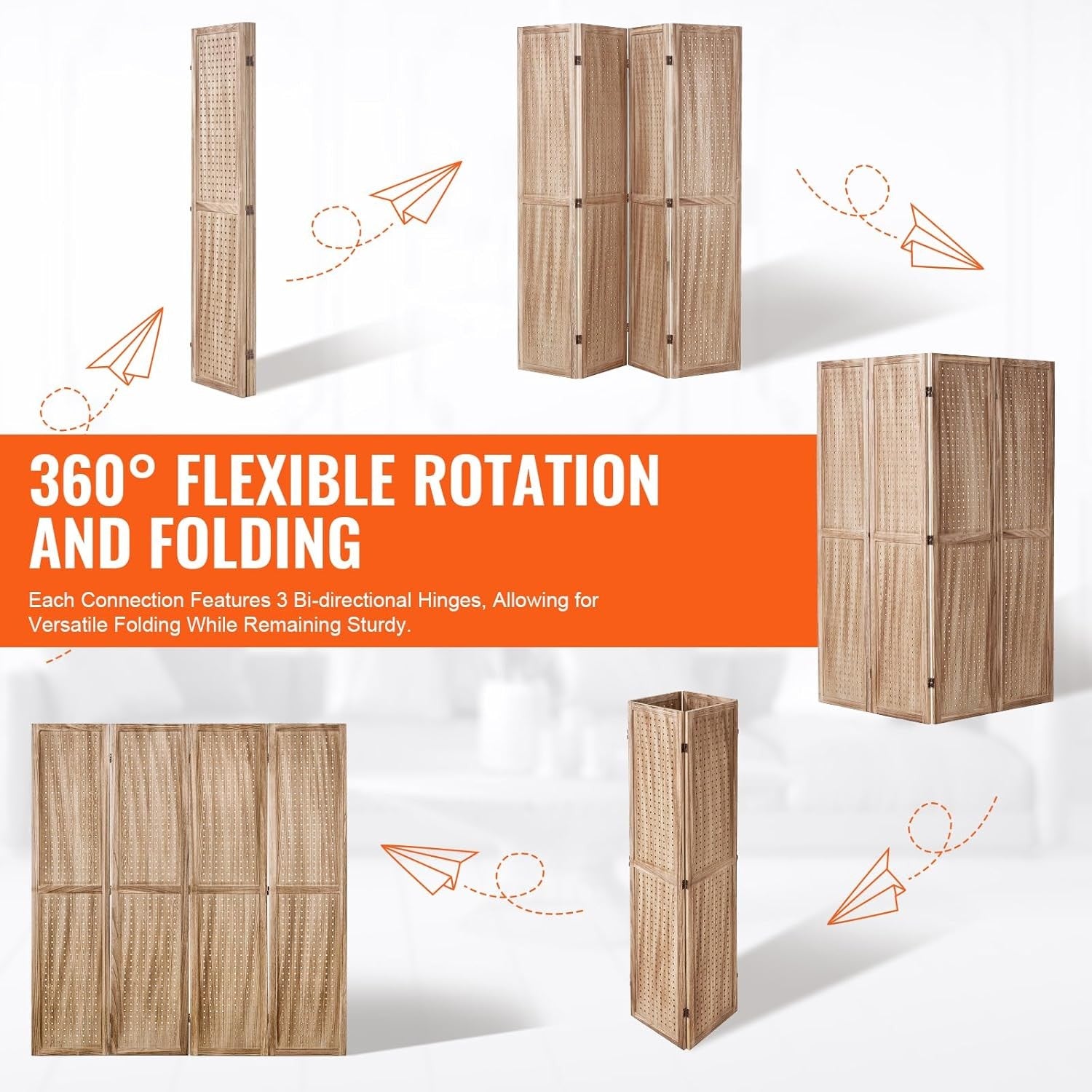 4 Panel Wooden Folding Room Divider Carved Privacy Screen 162x170cm Natural