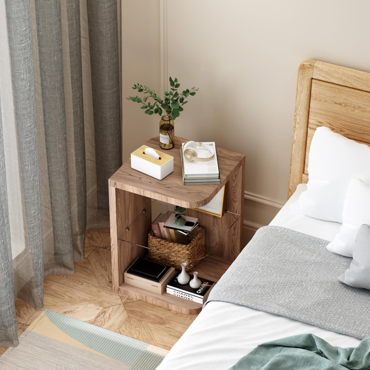 Wood & Glass Coffee Side Table with Storage – Modern End Table 40x40x55cm