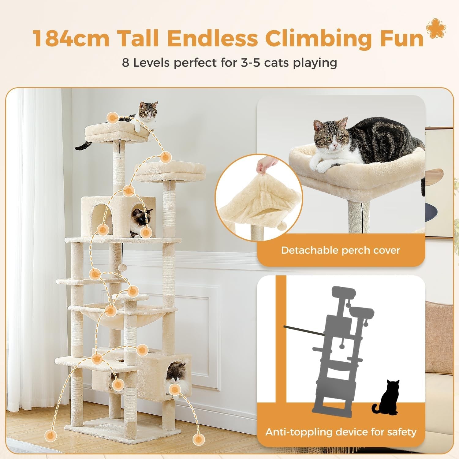 Large Cat Tree 184cm Extra Tall Multi Level Tower With Dual Condos & Perches
