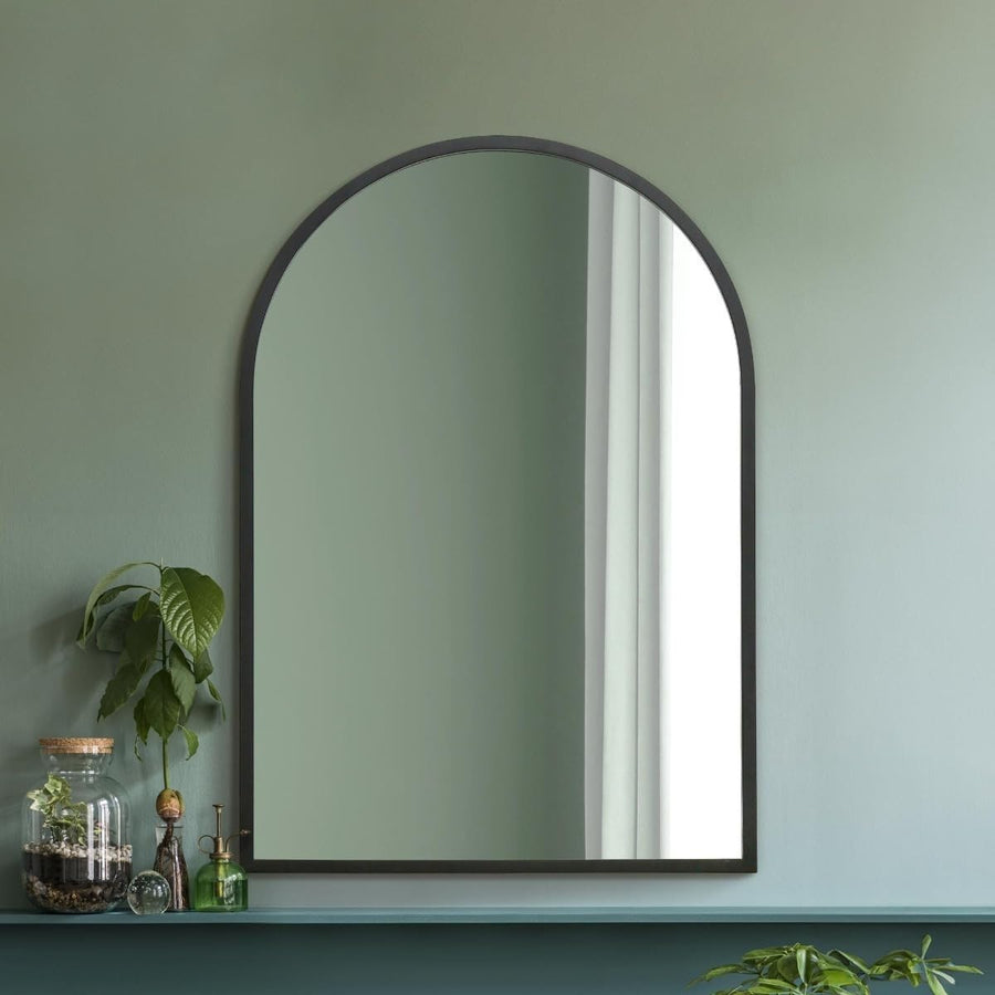 Large Black Metal Arched Wall Mirror 100x70 cm, Stylish & Durable
