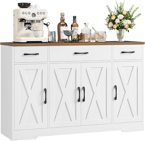 White 140cm Kitchen Sideboard 3 Drawers 4-Door Adjustable Shelf Buffet Cabinet