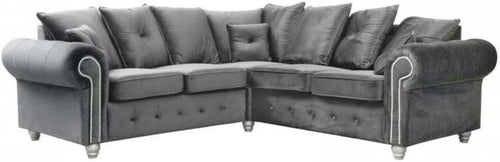 Plush Velvet Grey Corner Sofa | Modern 3 Seater L Shape Couch | Living Room