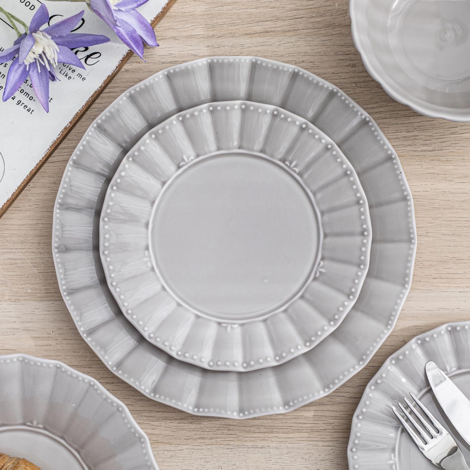 12 Piece Porcelain Dinner Set Grey Plates Bowls Microwave Dishwasher Safe