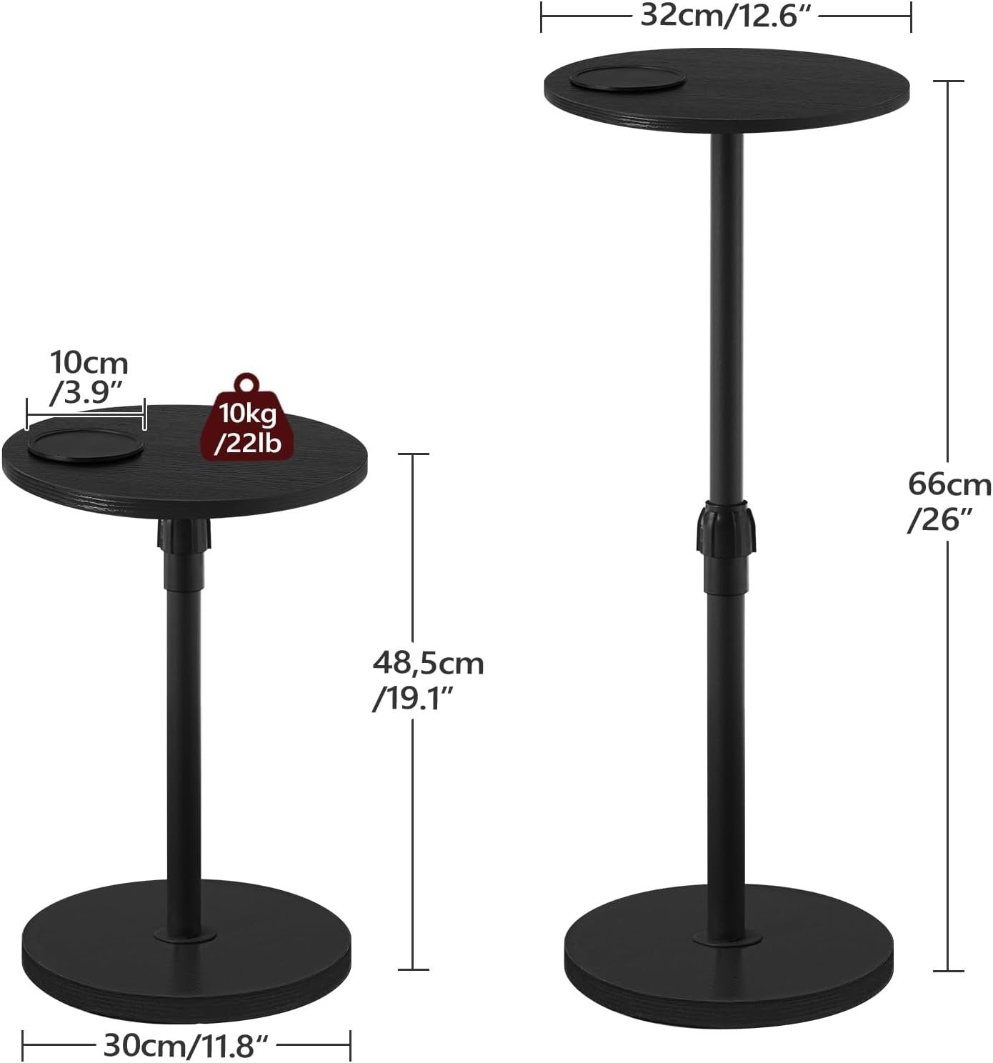 Adjustable Height Round Side Table with LED Light & Cup Holder, Compact 32cm