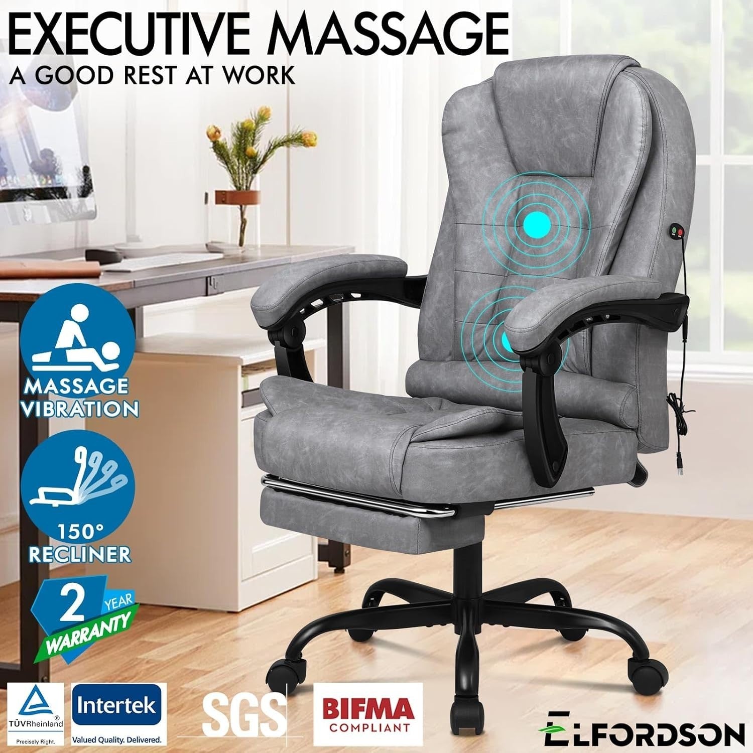 Grey Massage Office Chair Recliner Footrest Ergonomic PU Leather Swivel
