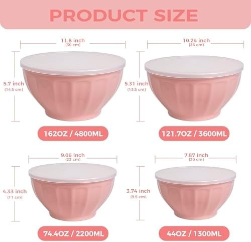 BoxedHome 4-Piece Pink Mixing Bowl Set – Nesting, Lids Included, BPA Free