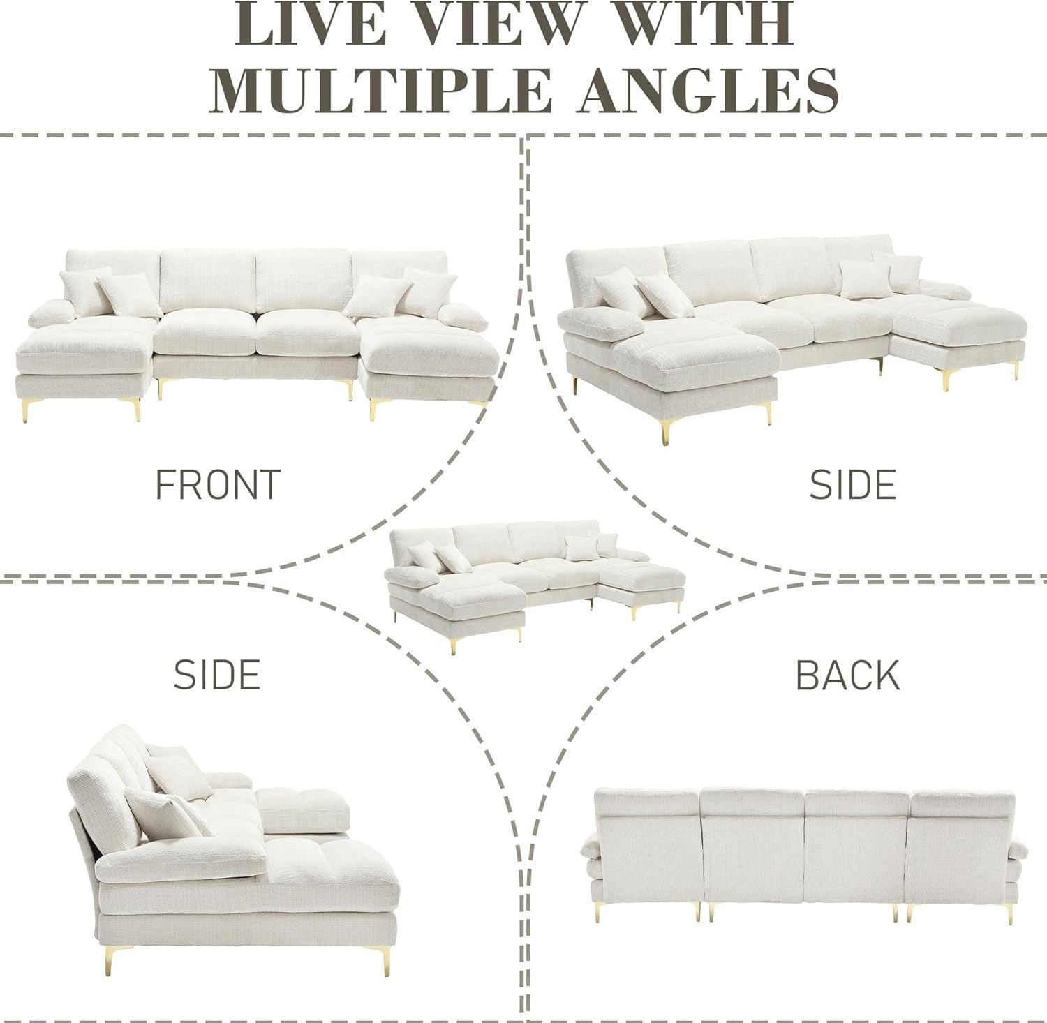 4 Seater U-Shaped Sofa Beige Chenille Sectional with 2 Chaise Modern Living Room