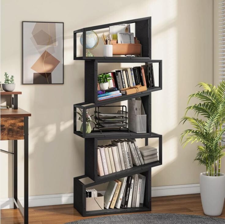 Modern 5 Tier Bookcase Tall Zigzag Bookshelf Display Storage Unit Black