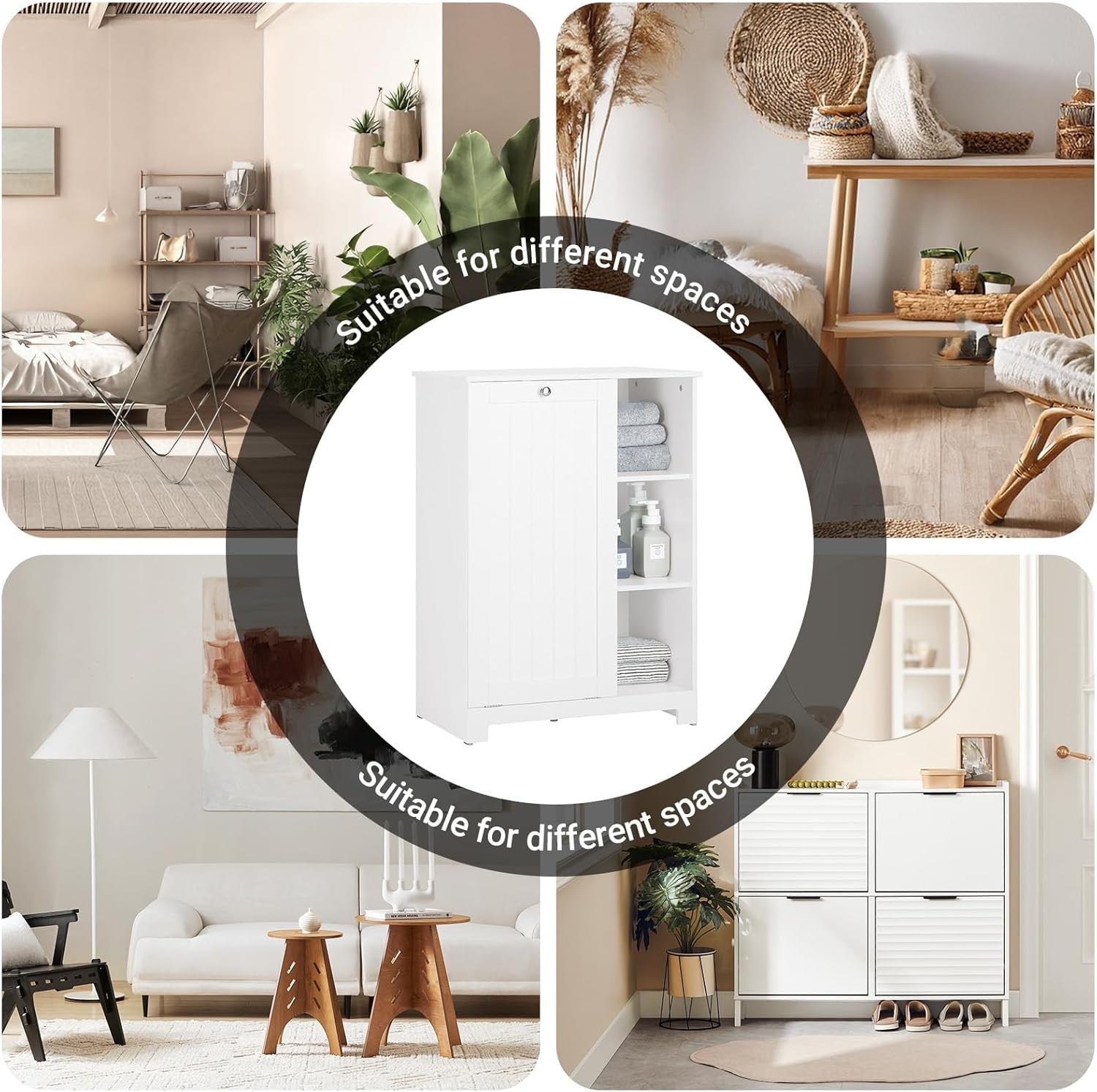 Slim Bathroom Laundry Cabinet with Flip Out Basket & Shelves White