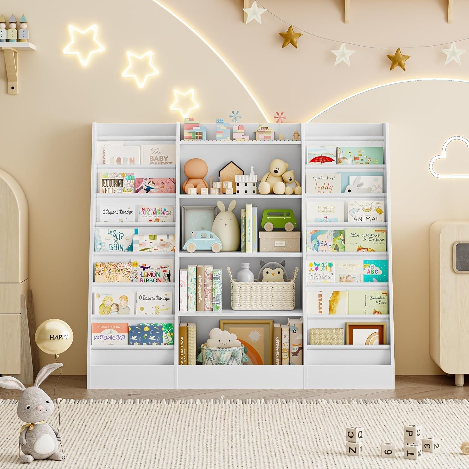 Kids Bookshelf Toy Storage Unit with 14 Sling Shelves & 5 Open Racks 129cm