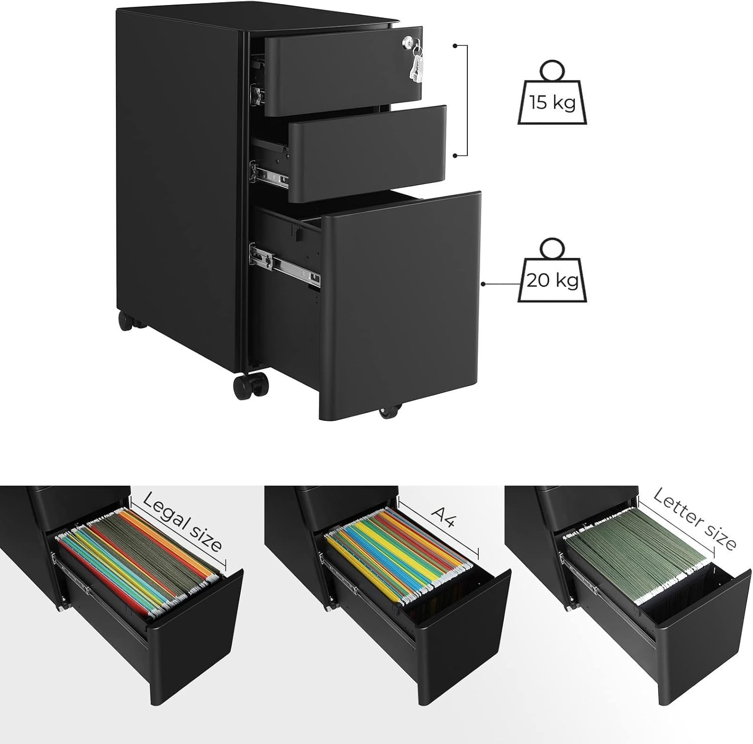 Black Mobile File Cabinet 46x30x59cm Lockable 3 Drawer Steel