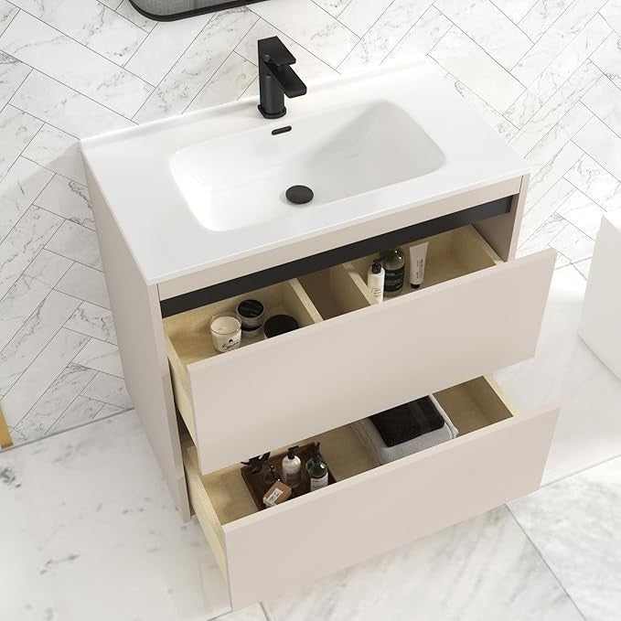 800mm Beige Floor Standing Vanity Unit with Basin Sink 2 Drawer Cabinet Modern