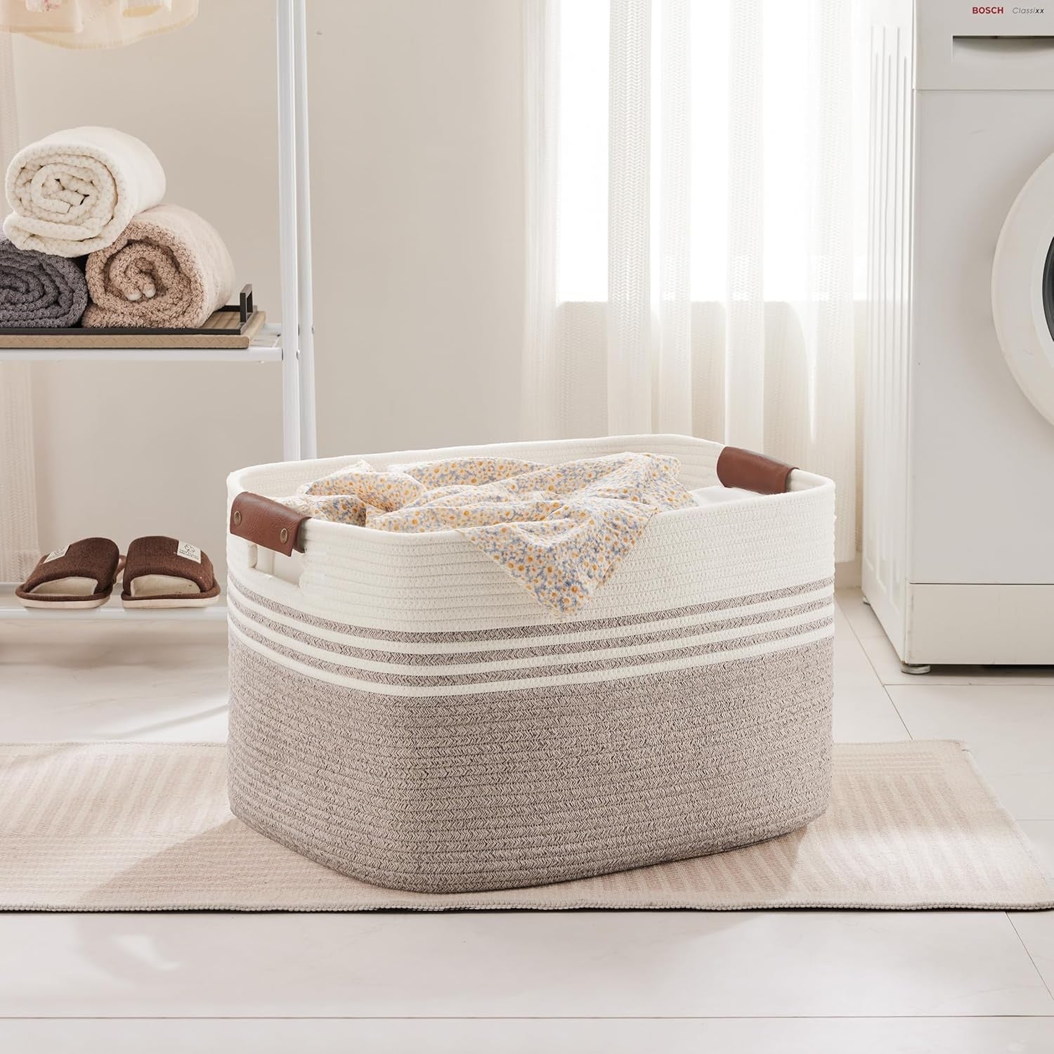 86L Large Woven Laundry Hamper with Leather Handles, Extra Storage Basket White