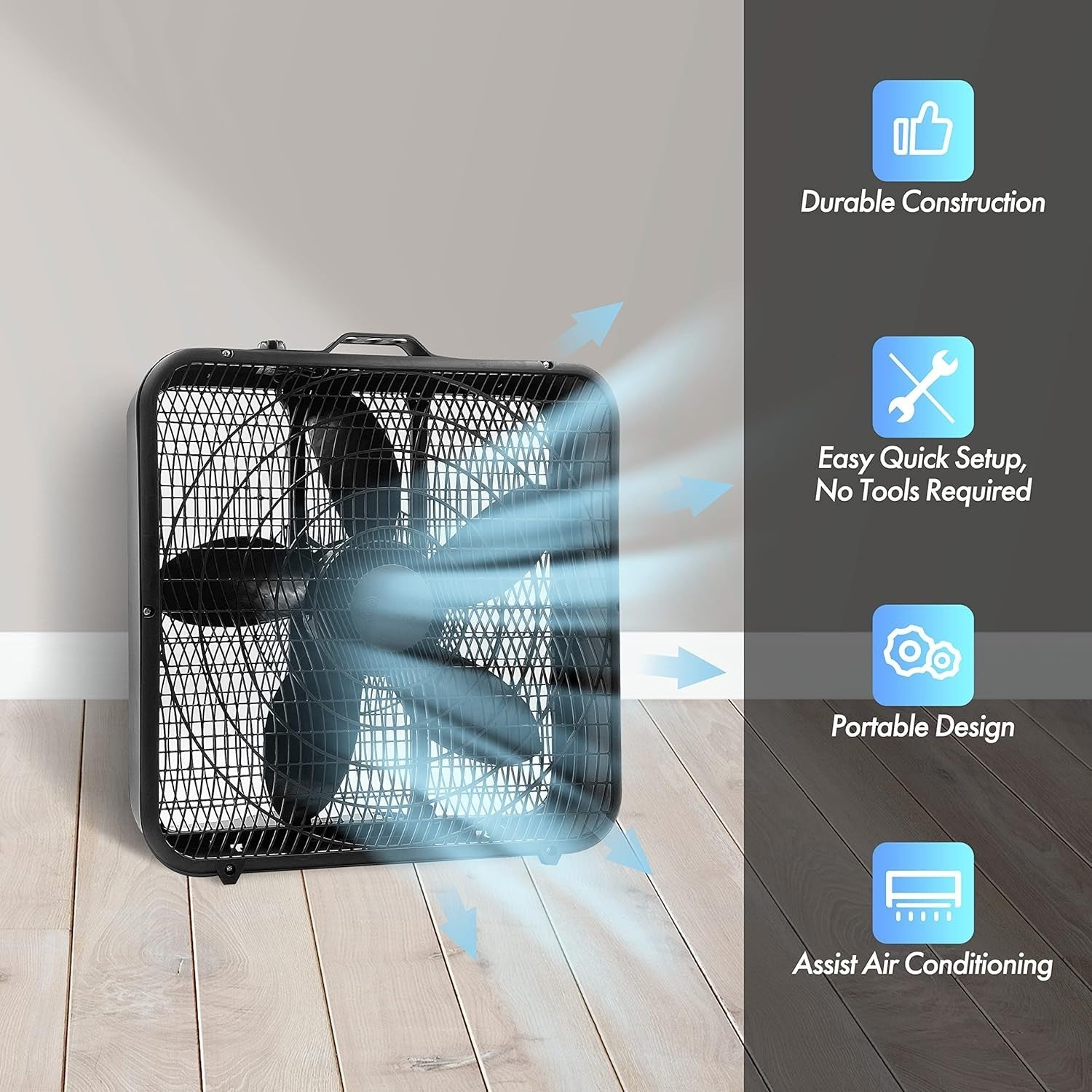 20" Box Fan – 3-Speed High Velocity Adjustable Tilt Quiet Cooling for Home & Gym