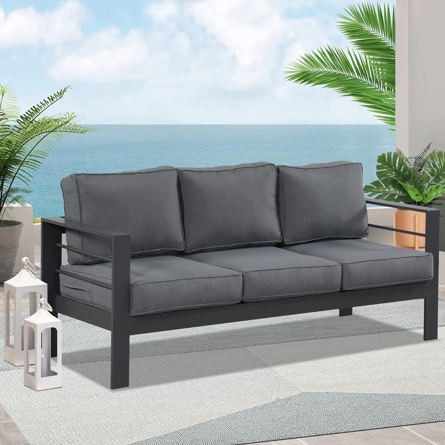 3 Seater Aluminium Outdoor Sofa Garden Lounge Couch Dark Grey Cushions