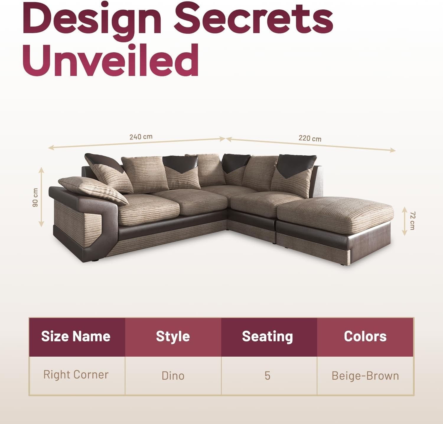 5-Seater Right Hand L-Shape Corner Sofa Fire Resistant Fabric & Leather