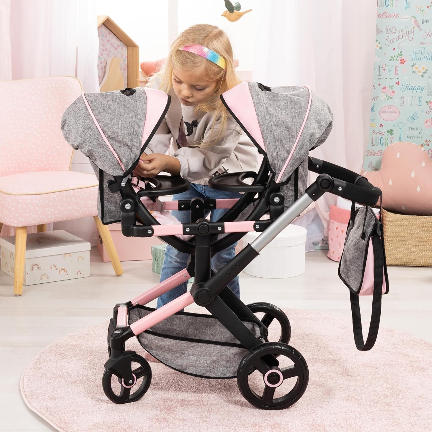 Double Dolls Pram Twin Pushchair Adjustable Handle Reversible Seats