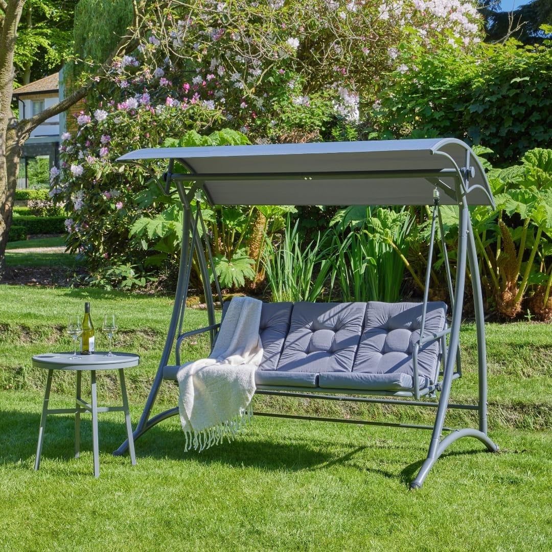 3 Seater Garden Swing Seat with Cushions Reclining Day Bed & Canopy Outdoor
