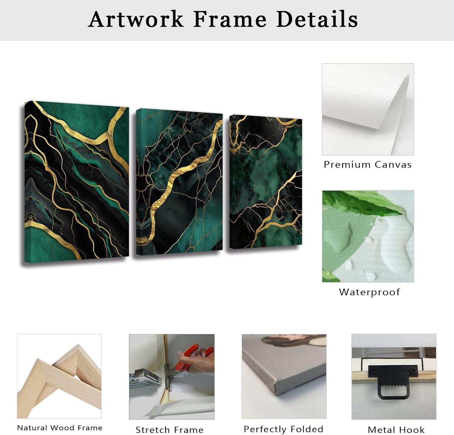 3Pcs Emerald Green & Gold Abstract Canvas – Marble Texture Framed Wall Art