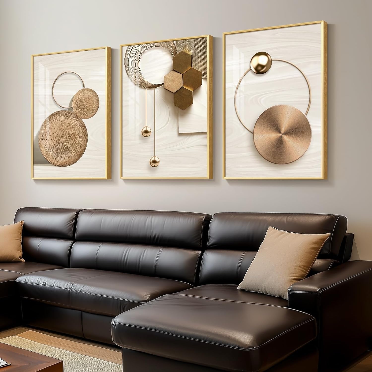 Large Framed Gold Abstract Wall Art 3 Panel 24x36in Luxury Set