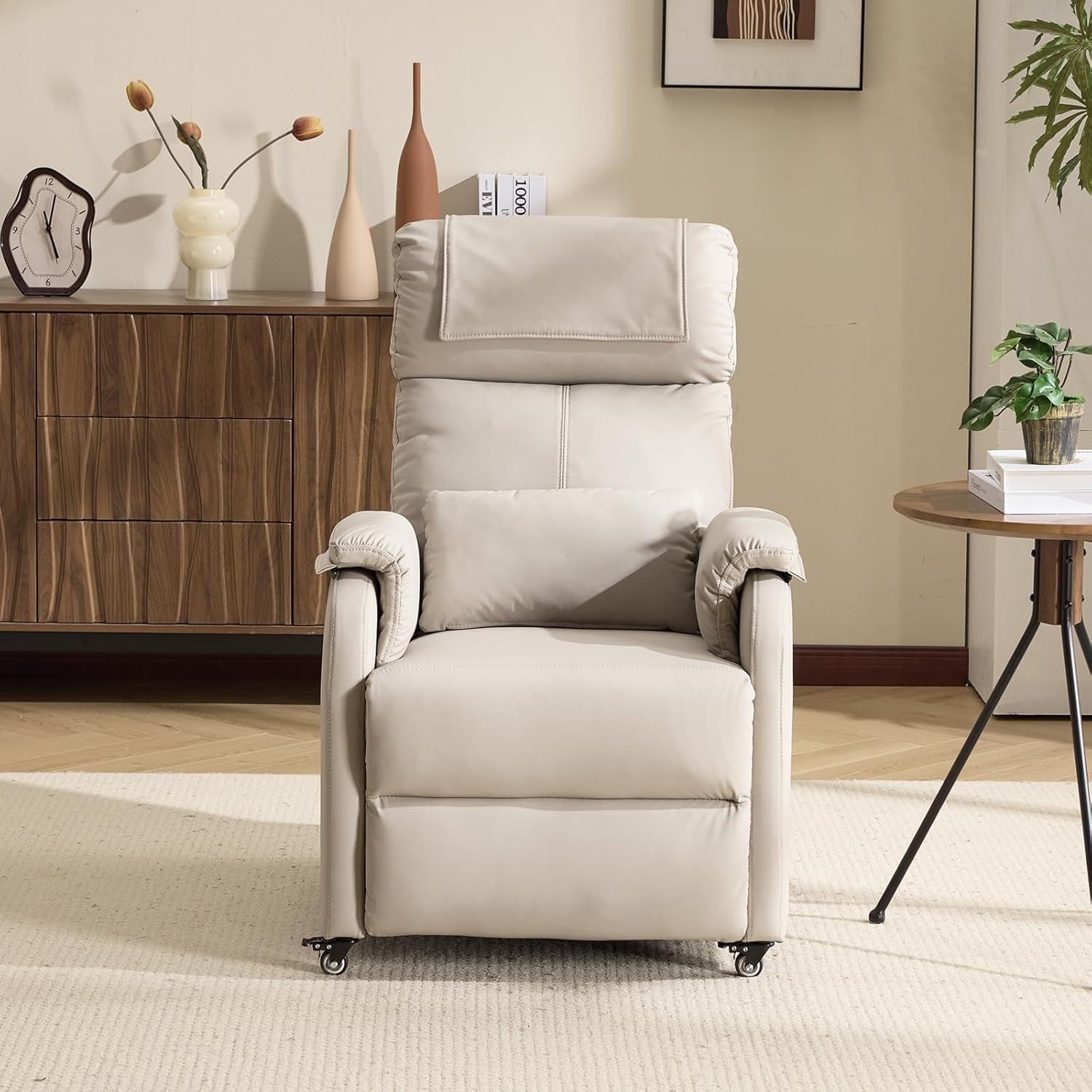 Electric Recliner Chair w/ Wheels Massage Heat Back Footrest Leather Pearl Grey
