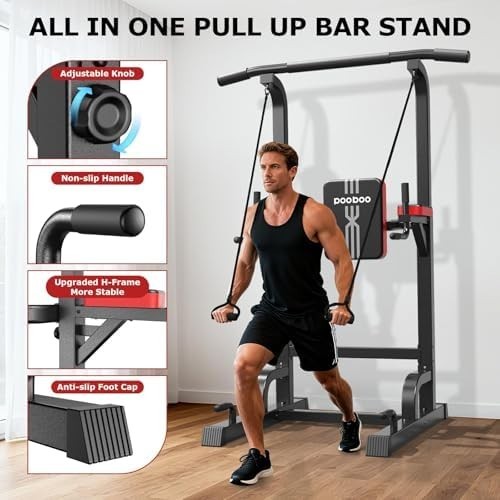Black Power Tower Dip Station Pull-Up Bar Adjustable Home Gym