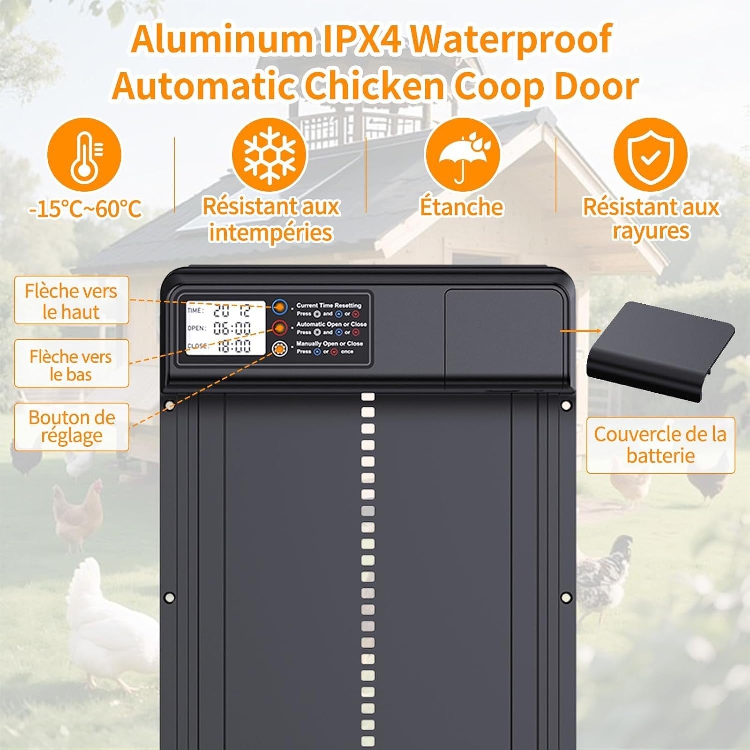 Automatic Chicken Coop Door Battery Powered Timer LCD Anti Pinch Waterproof