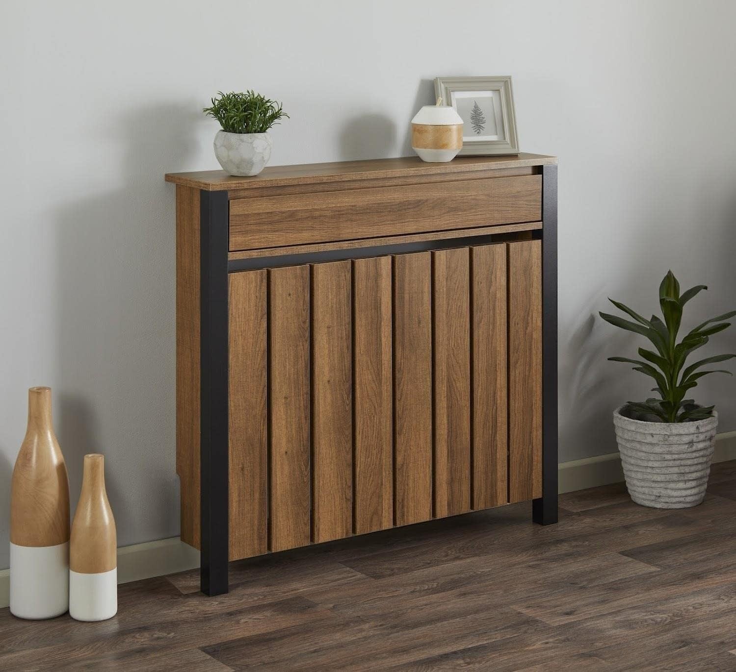 Black & Wood Radiator Cover Cabinet with Storage Drawer Modern MDF