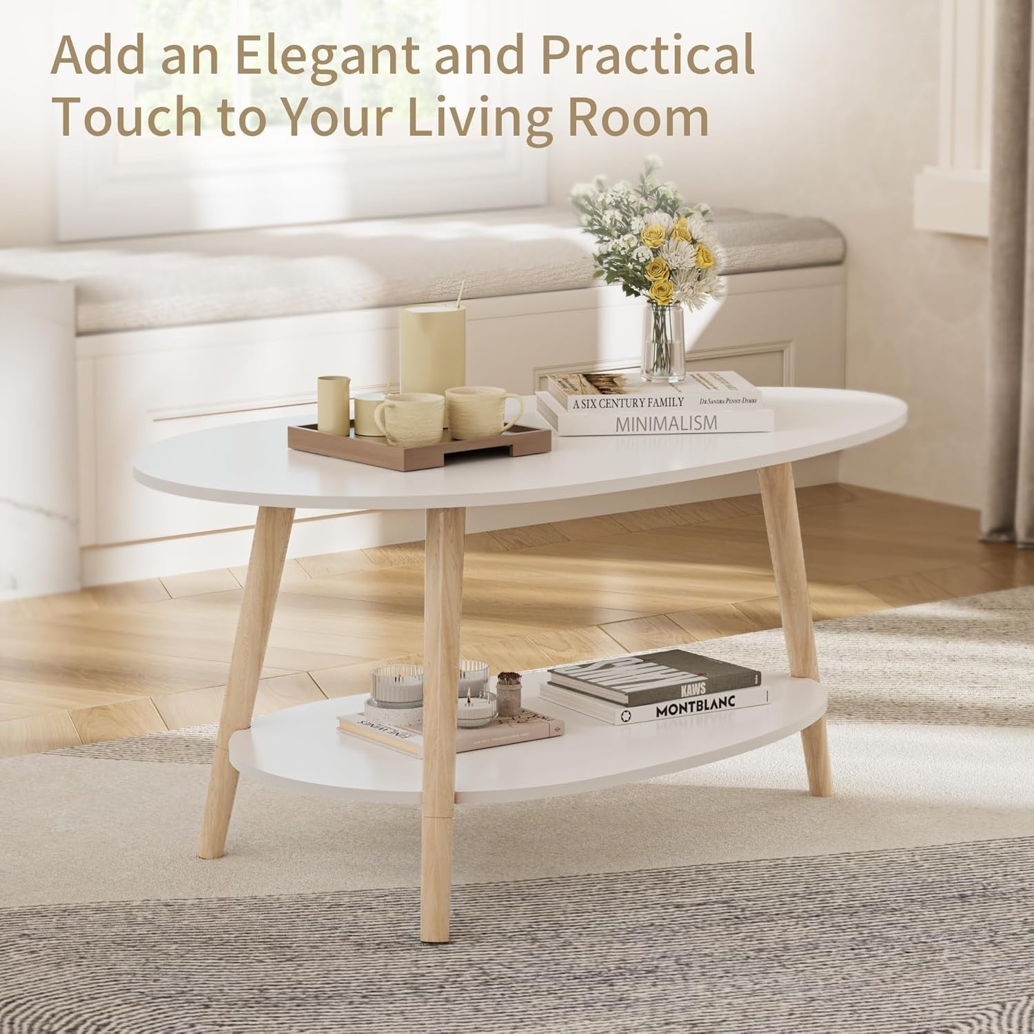 Modern Oval Coffee Table White 2-Tier Storage 90x50cm Small Space Table
