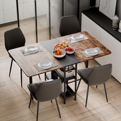 Rustic Brown Drop Leaf Folding Dining Table with Storage 140cm