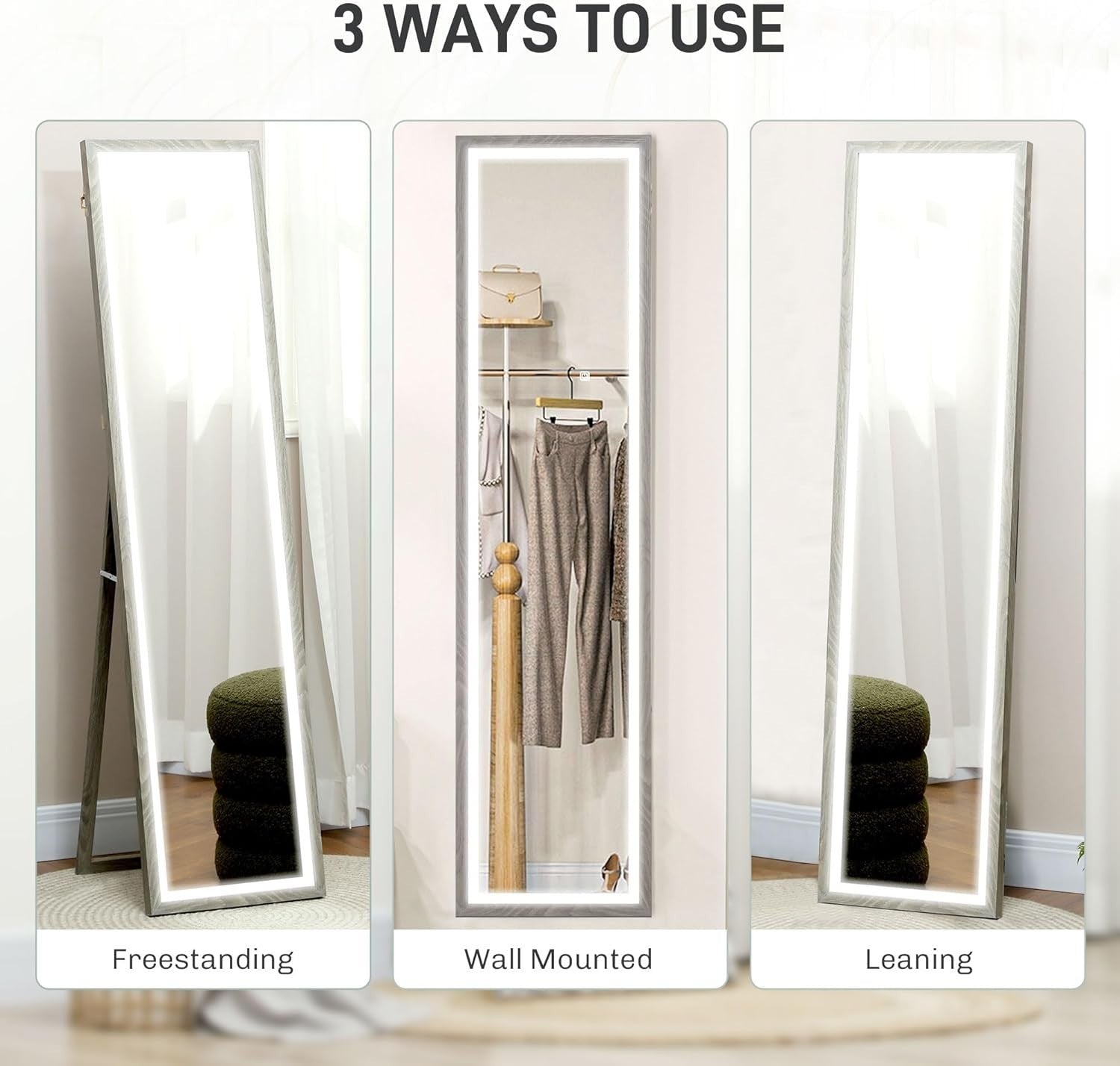 Full Length LED Mirror Wall Leaning Freestanding Dimmable Light Up