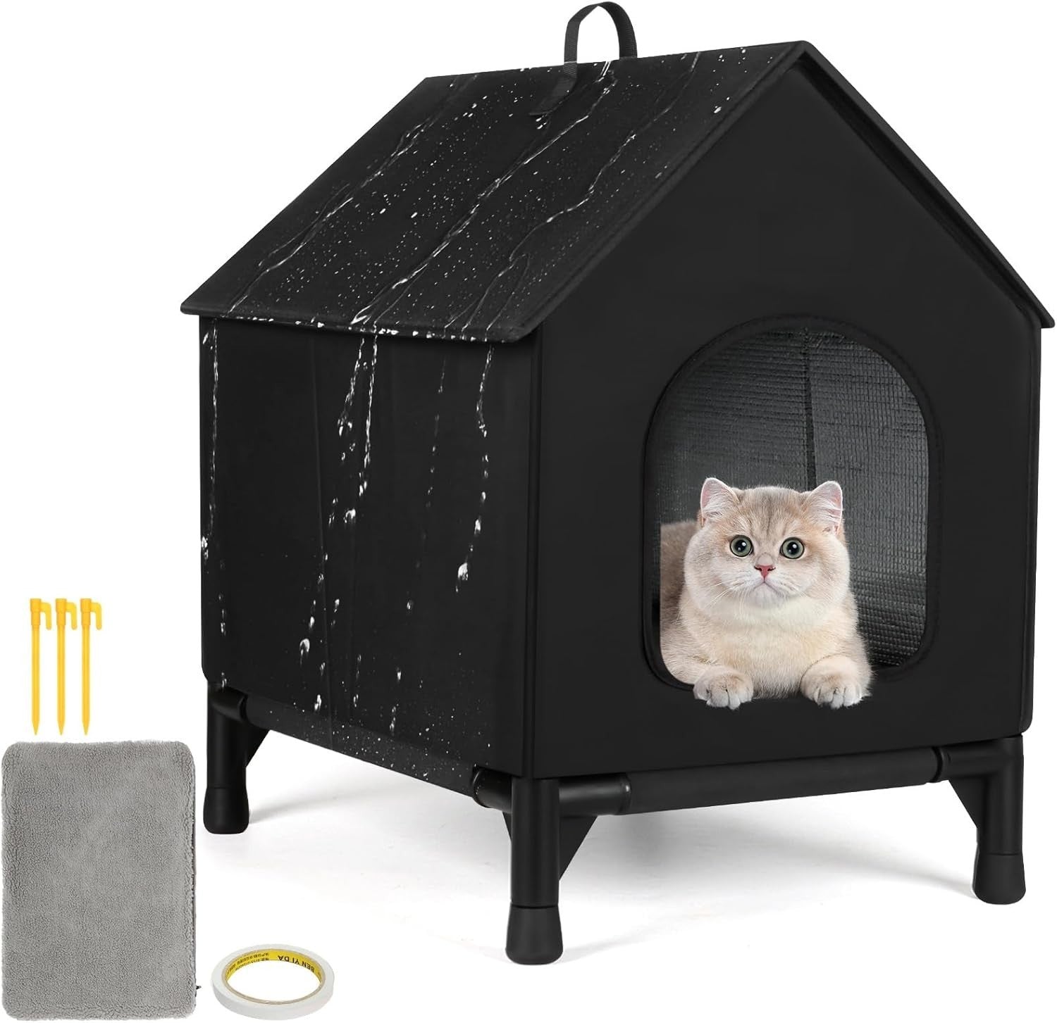 Outdoor & Indoor Insulated Cat House Waterproof Shelter with Soft Pad Black