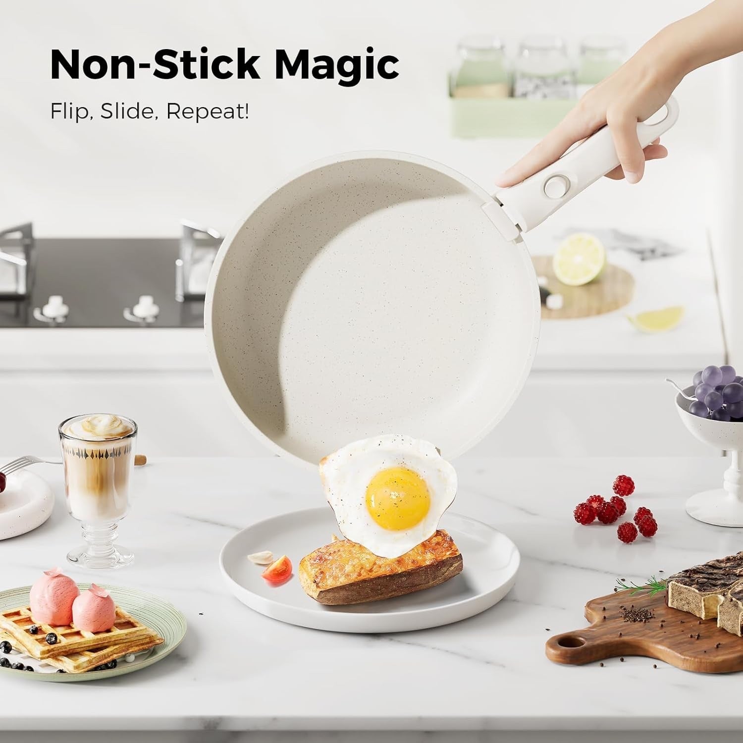 20Pcs White Granite Non-Stick Cookware Set with Removable Handles & Glass Lids